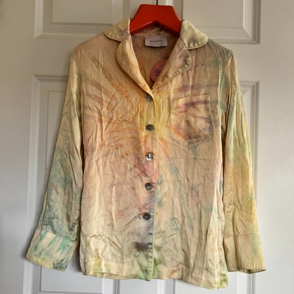 NWT Sleeper Silk Satin Pajama Set Tie Dye Yellow Mimosa Party Loungewear XS - Picture 3 of 10